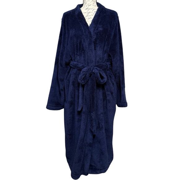 Sleep by Cacique Sherpa Midi Robe Size 22/24 Navy Blue Belted Plush Fuzzy NEW - Picture 1 of 10